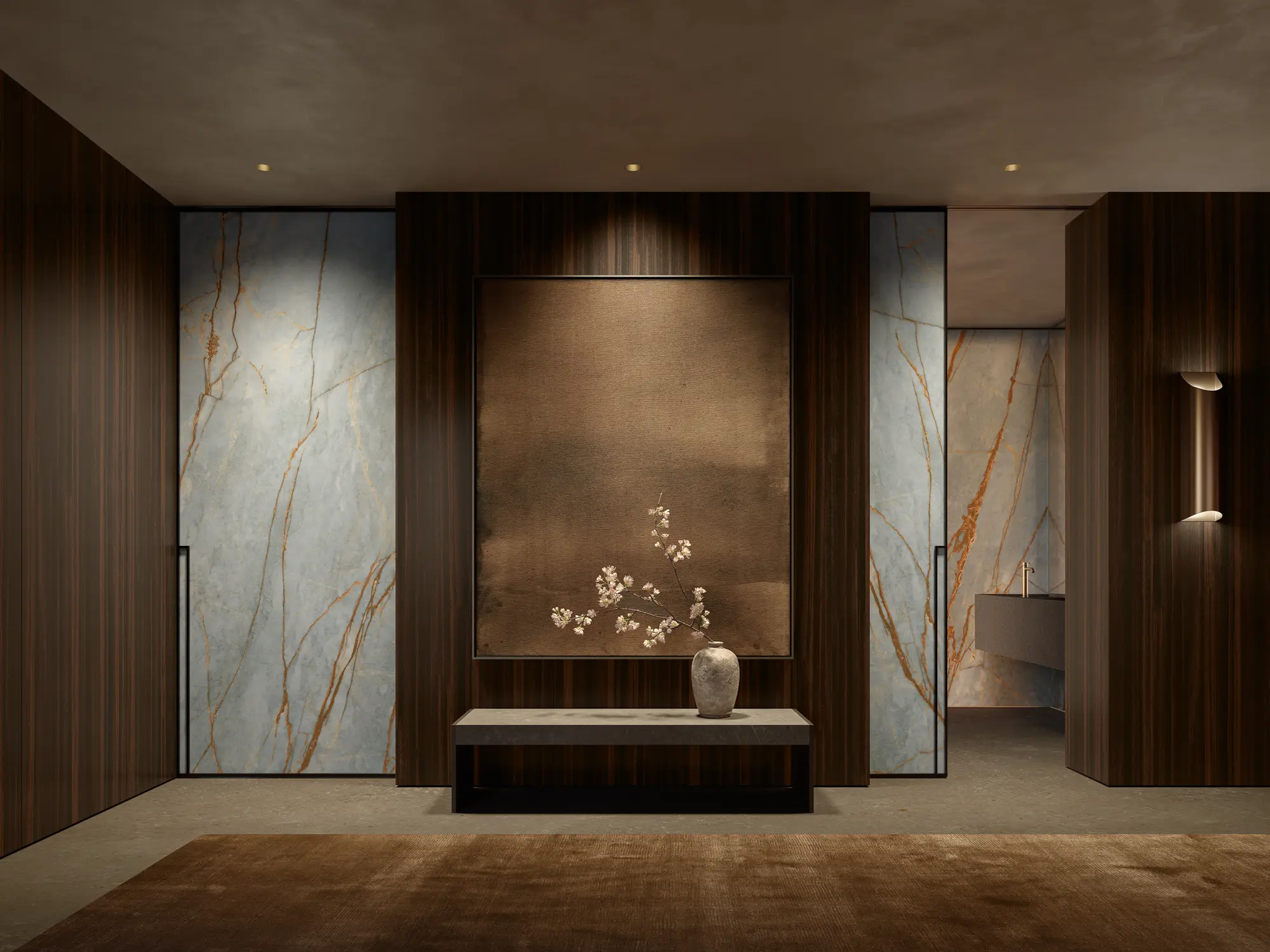 Een professioneel ontworpen entree met donker hout en lichtblauw marmer, wat de meerwaarde van de kosten van een interieurdesigner toont.